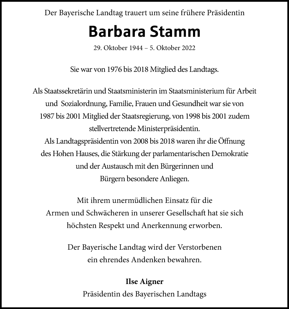  Traueranzeige für Barbara Stamm vom 08.10.2022 aus Mittelbayerische Zeitung Gesamtausgabe