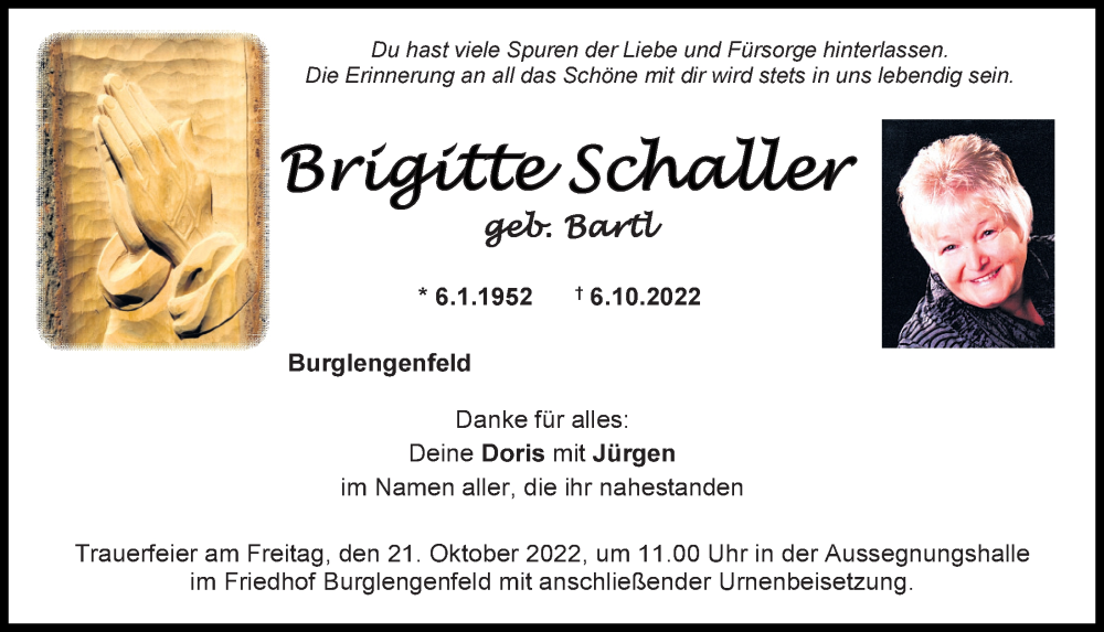  Traueranzeige für Brigitte Schaller vom 15.10.2022 aus Mittelbayerische Zeitung Schwandorf