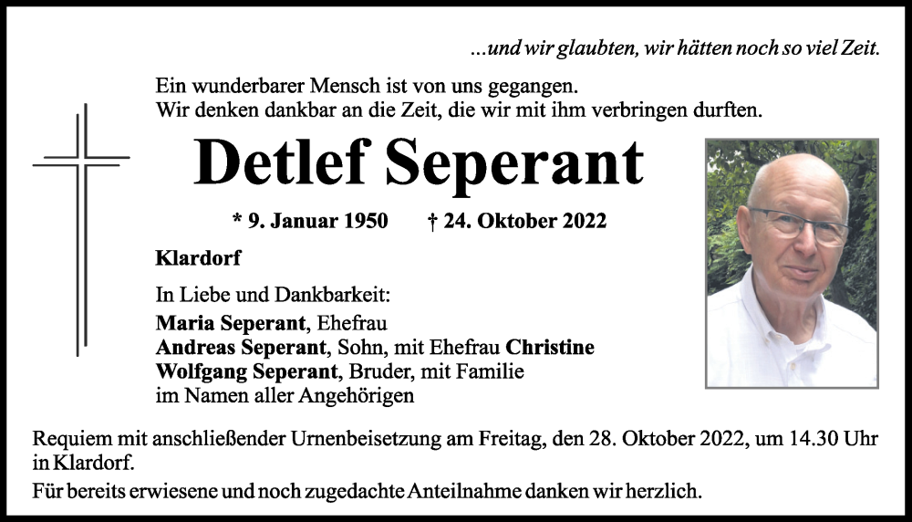  Traueranzeige für Detlef Seperant vom 26.10.2022 aus Mittelbayerische Zeitung Schwandorf