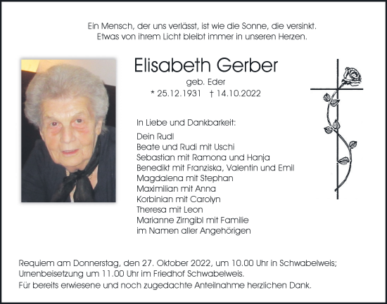Traueranzeigen von Elisabeth Gerber | Mittelbayerische Trauer