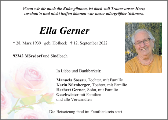 Traueranzeigen von Ella Gerner | Mittelbayerische Trauer