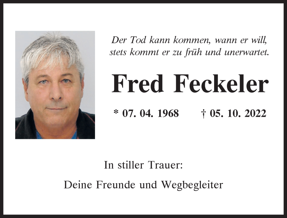  Traueranzeige für Fred Feckeler vom 22.10.2022 aus Mittelbayerische Zeitung Regensburg