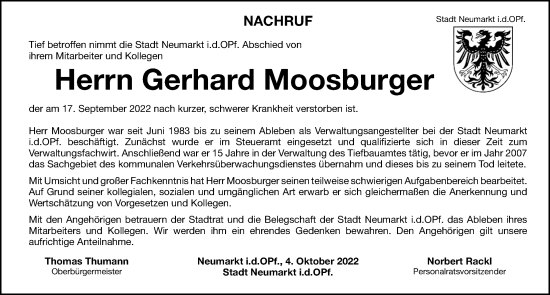 Traueranzeige von Gerhard Moosburger von Neumarkter Tagblatt