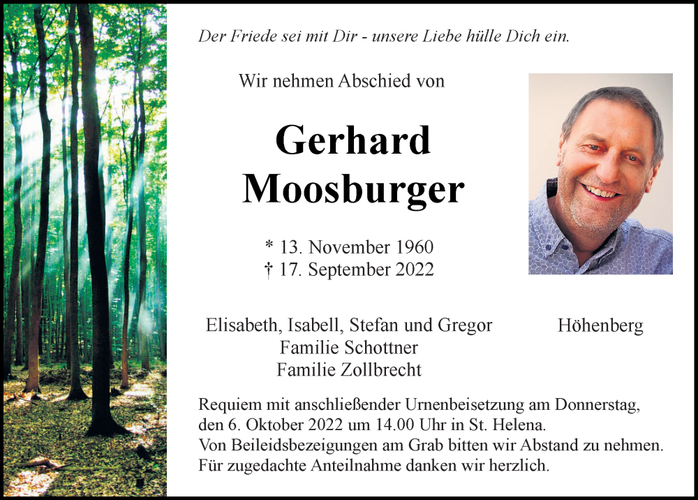  Traueranzeige für Gerhard Moosburger vom 01.10.2022 aus Neumarkter Tagblatt