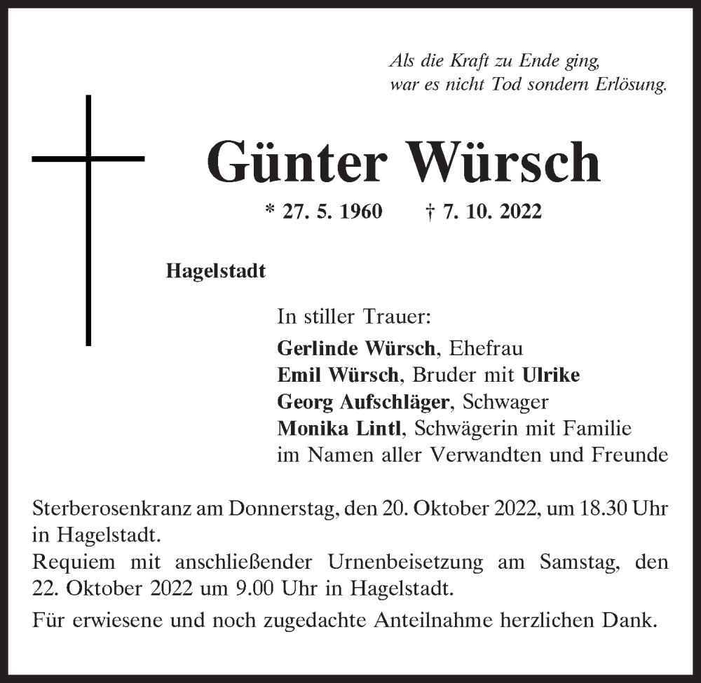  Traueranzeige für Günter Würsch vom 15.10.2022 aus Mittelbayerische Zeitung Regensburg