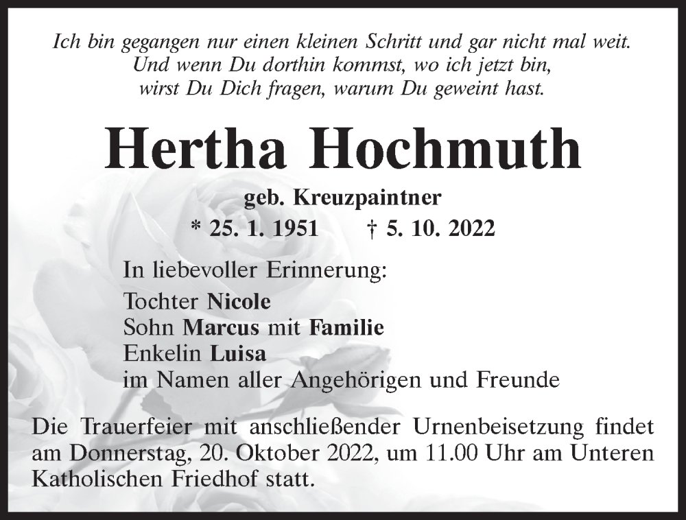  Traueranzeige für Hertha Hochmuth vom 15.10.2022 aus Mittelbayerische Zeitung Regensburg