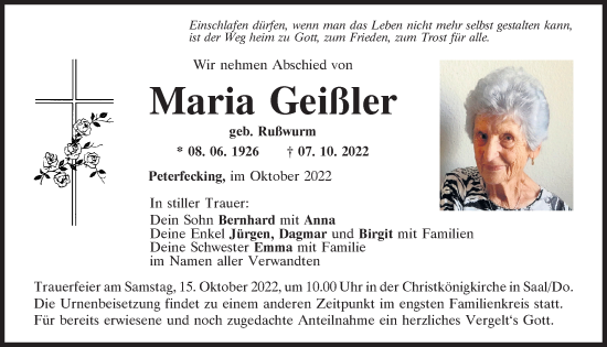 Traueranzeigen von Maria Geißler | Mittelbayerische Trauer