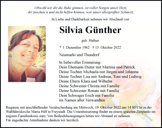 Traueranzeigen von Silvia Günther | Mittelbayerische Trauer