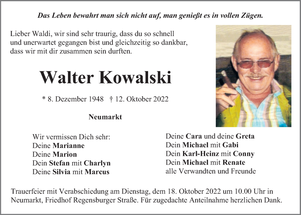  Traueranzeige für Walter Kowalski vom 15.10.2022 aus Neumarkter Tagblatt