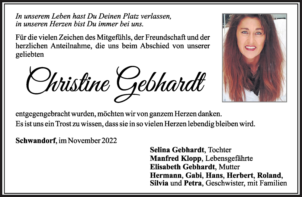  Traueranzeige für Christine Gebhardt vom 12.11.2022 aus Mittelbayerische Zeitung Schwandorf