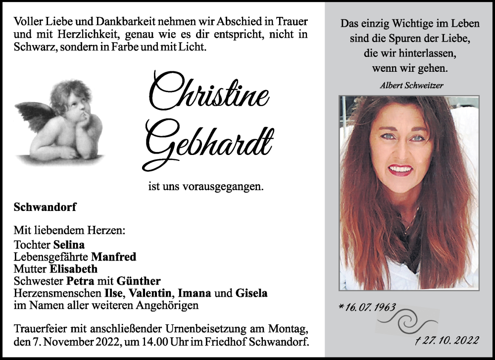  Traueranzeige für Christine Gebhardt vom 04.11.2022 aus Mittelbayerische Zeitung Schwandorf