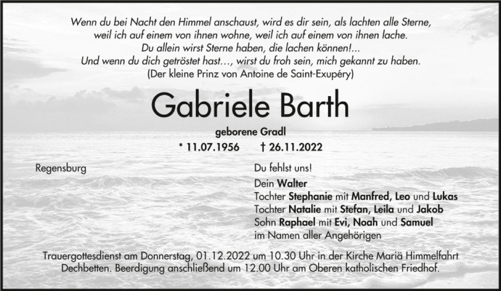  Traueranzeige für Gabriele Barth vom 30.11.2022 aus Mittelbayerische Zeitung Regensburg