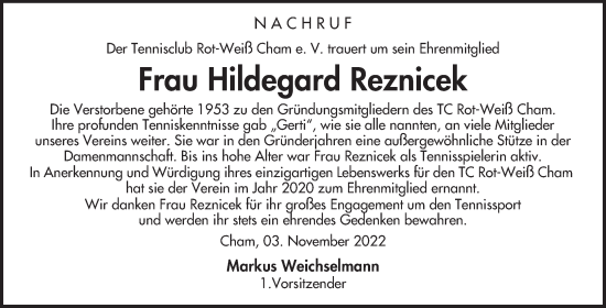 Traueranzeige von Hildegard Reznicek von Bayerwald Echo