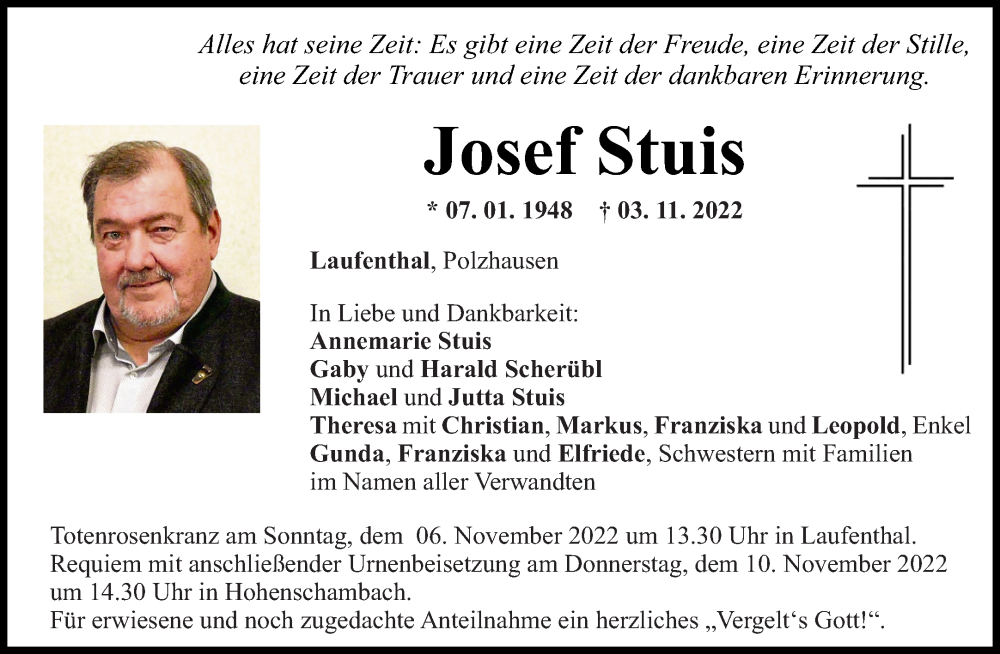  Traueranzeige für Josef Stuis vom 05.11.2022 aus Mittelbayerische Zeitung Regensburg