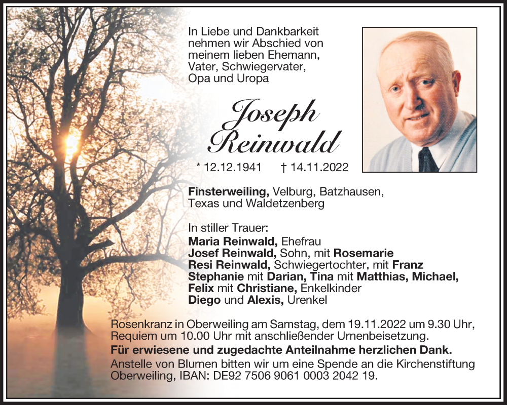  Traueranzeige für Joseph Reinwald vom 17.11.2022 aus Neumarkter Tagblatt