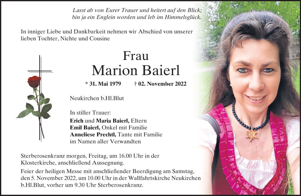  Traueranzeige für Marion Baierl vom 03.11.2022 aus Bayerwald Echo