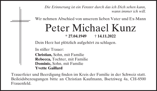 Traueranzeigen Von Peter Michael Kunz Mittelbayerische Trauer