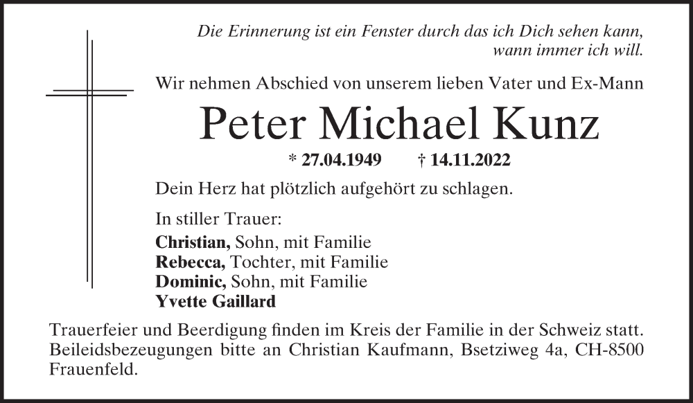  Traueranzeige für Peter Michael Kunz vom 19.11.2022 aus Mittelbayerische Zeitung Regensburg