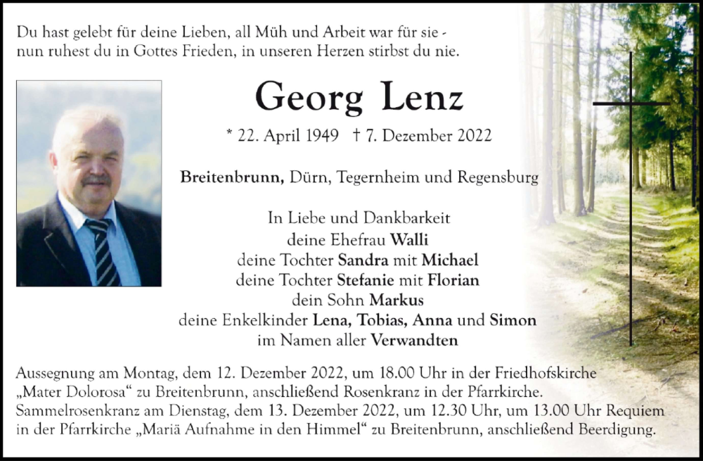  Traueranzeige für Georg Lenz vom 13.12.2022 aus Mittelbayerische Zeitung