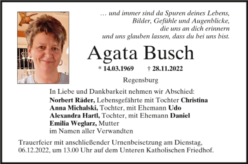  Traueranzeige für Agata Busch vom 03.12.2022 aus Mittelbayerische Zeitung Regensburg