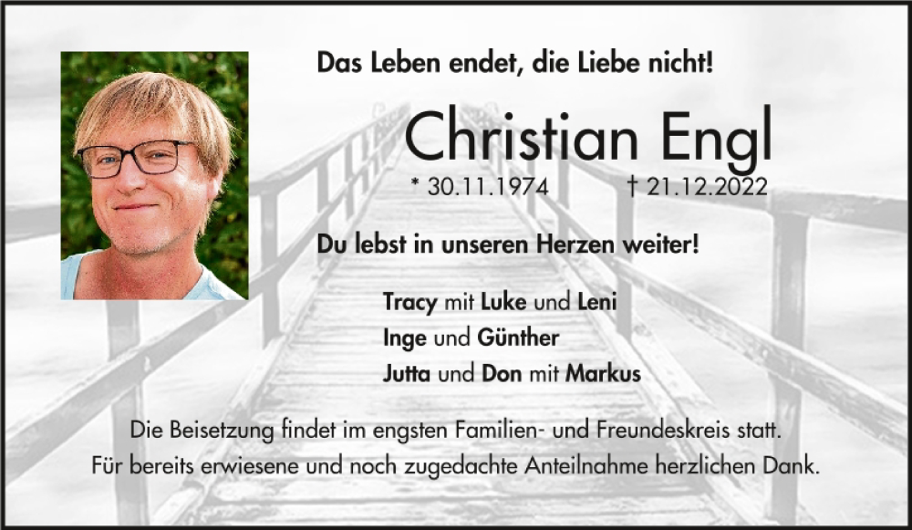  Traueranzeige für Christian Engl vom 29.12.2022 aus Bayerwald Echo