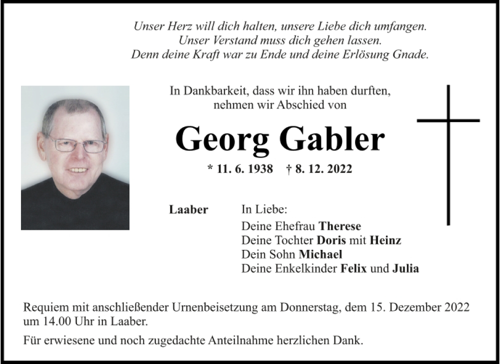  Traueranzeige für Georg Gabler vom 13.12.2022 aus Mittelbayerische Zeitung Regensburg