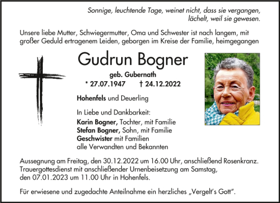 Traueranzeigen Von Gudrun Bogner Mittelbayerische Trauer