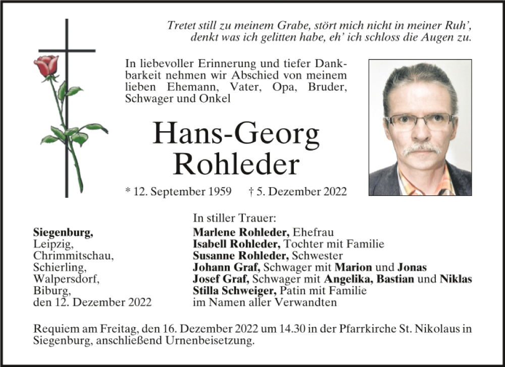  Traueranzeige für Hans-Georg Rohleder vom 12.12.2022 aus Mittelbayerische Zeitung Kelheim