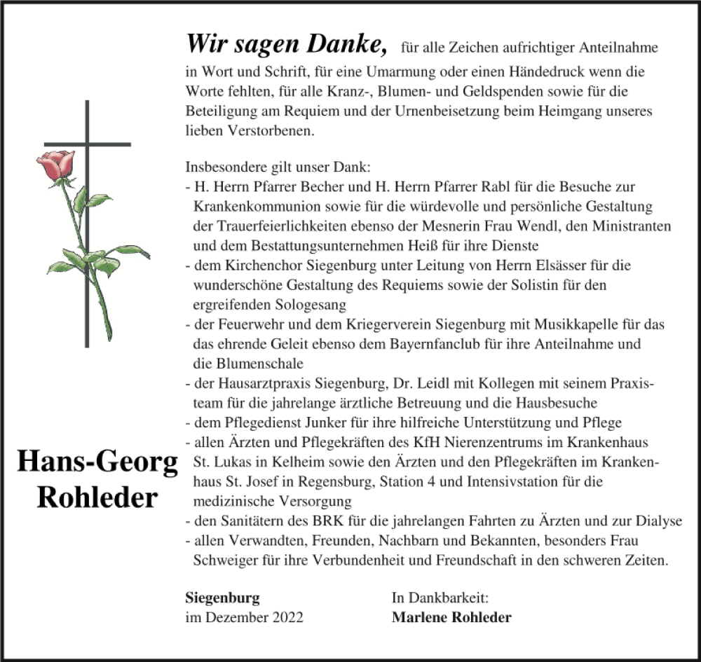  Traueranzeige für Hans-Georg Rohleder vom 23.12.2022 aus Mittelbayerische Zeitung Kelheim