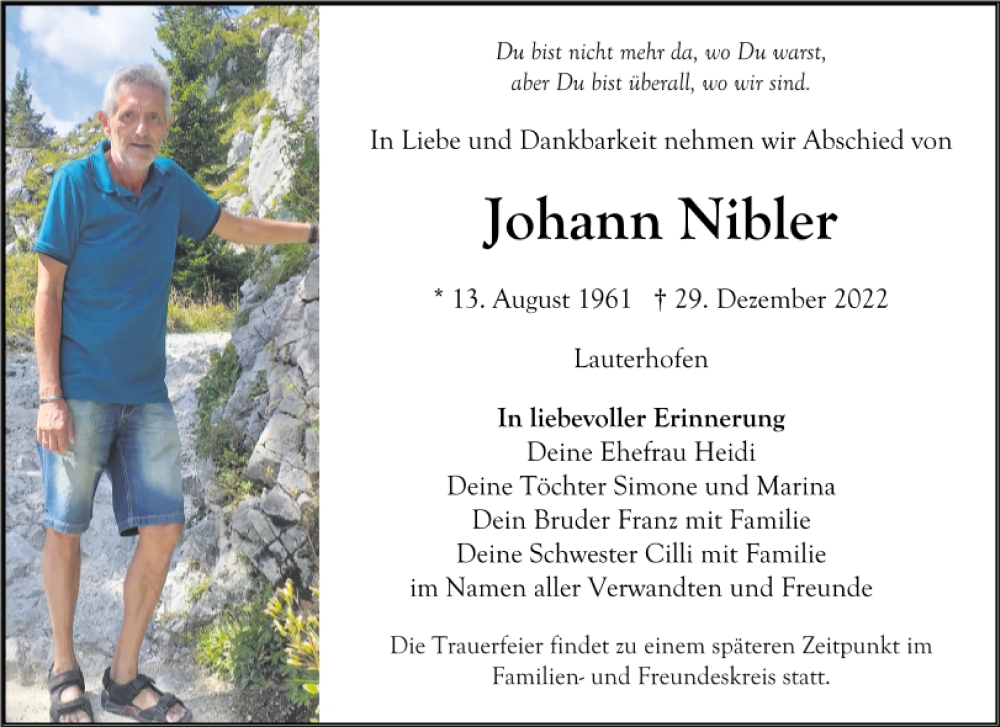  Traueranzeige für Johann Nibler vom 31.12.2022 aus Neumarkter Tagblatt