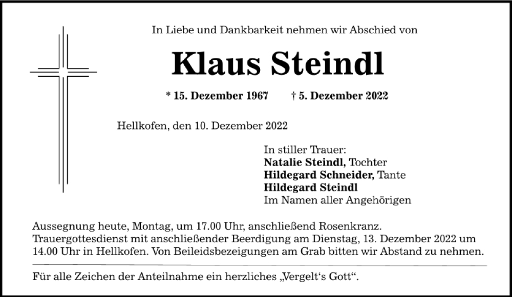  Traueranzeige für Klaus Steindl vom 12.12.2022 aus Mittelbayerische Zeitung Regensburg