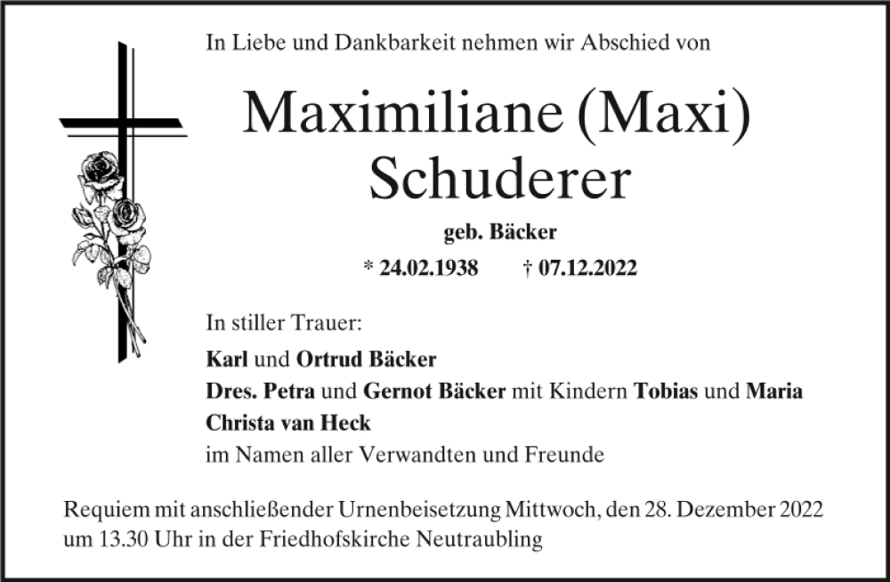  Traueranzeige für Maximiliane Schuderer vom 24.12.2022 aus Mittelbayerische Zeitung Regensburg