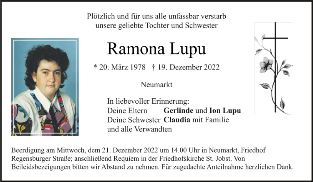  Traueranzeige für Ramona Lupu vom 20.12.2022 aus Neumarkter Tagblatt