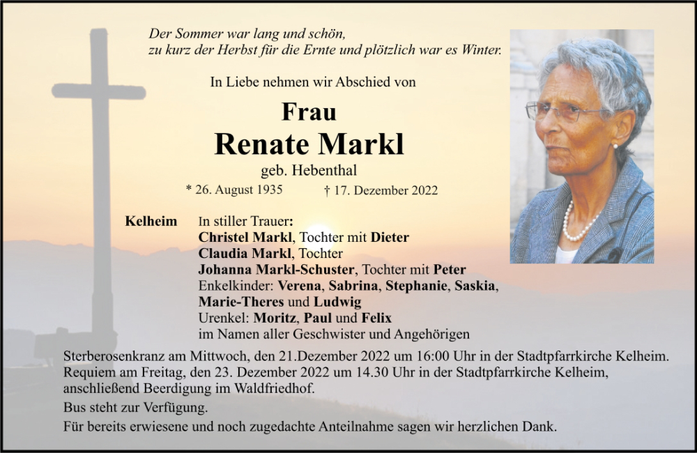  Traueranzeige für Renate Markl vom 20.12.2022 aus Mittelbayerische Zeitung Kelheim