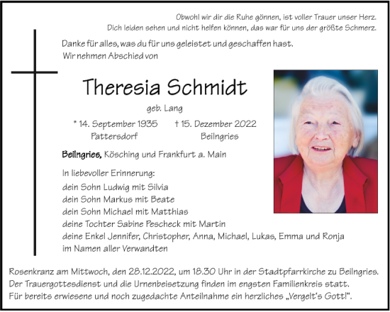 Traueranzeige von Theresia Schmidt von Neumarkter Tagblatt
