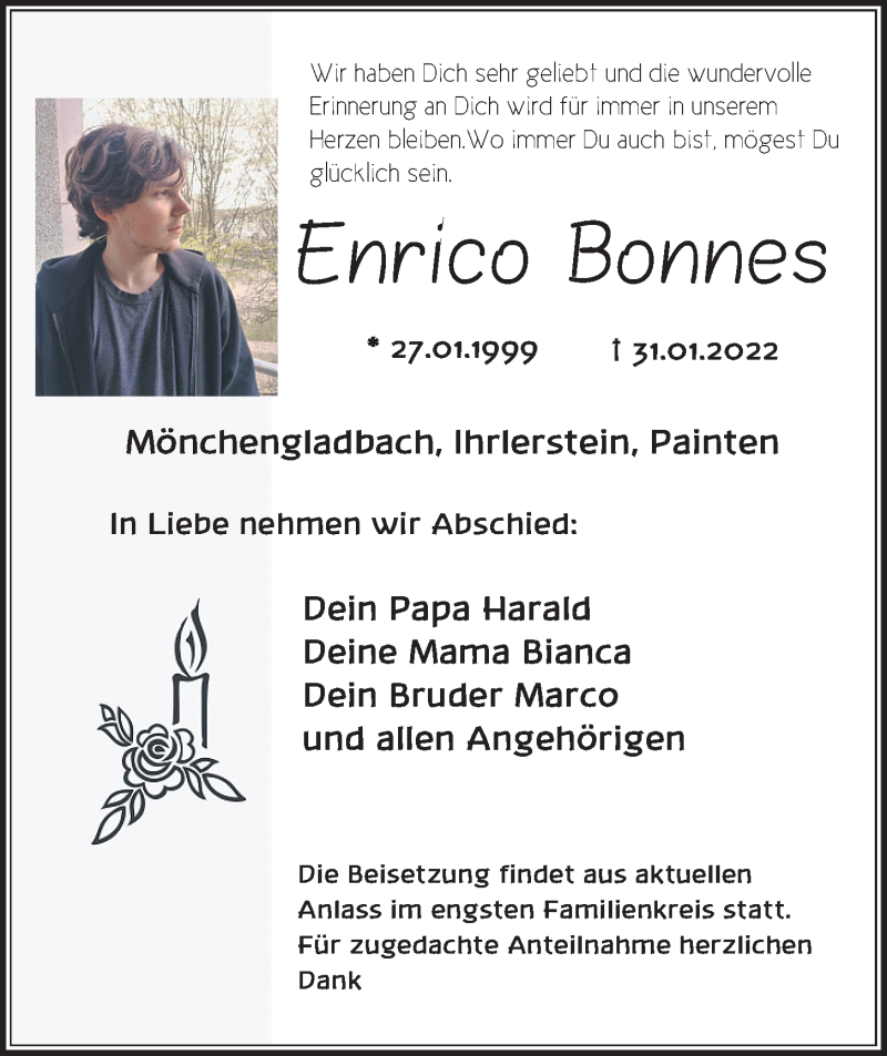  Traueranzeige für Enrico Bonnes vom 18.02.2022 aus Mittelbayerische Zeitung Kelheim