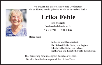 Traueranzeige von Erika Fehle von Mittelbayerische Zeitung Regensburg