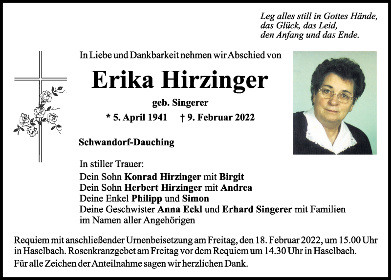 Traueranzeigen von Erika Hirzinger | Mittelbayerische Trauer