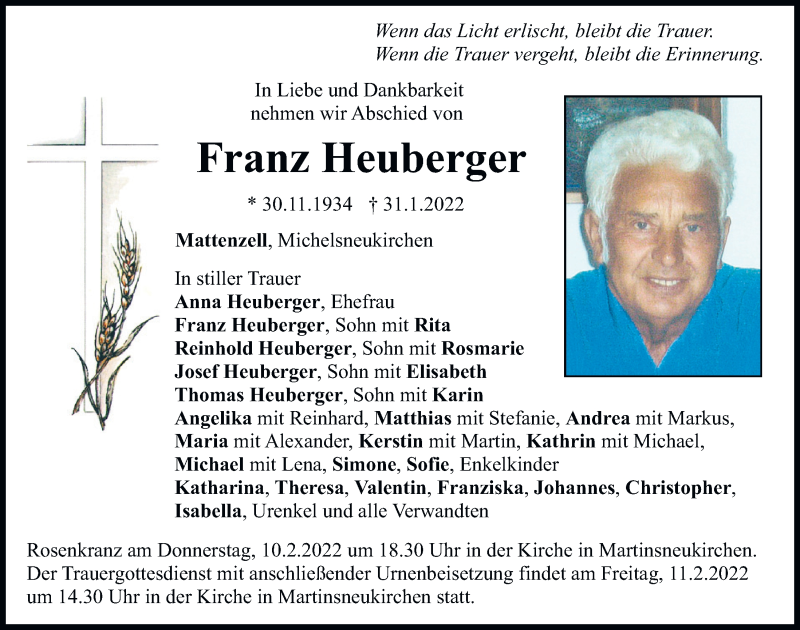  Traueranzeige für Franz Heuberger vom 09.02.2022 aus Bayerwald Echo