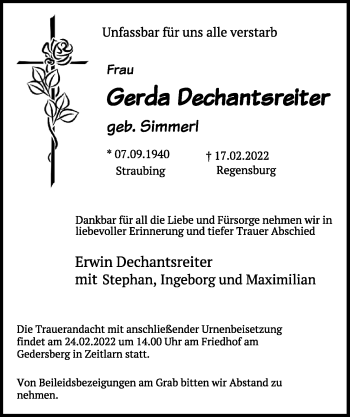 Traueranzeige von Gerda Dechantsreiter von Mittelbayerische Zeitung Regensburg