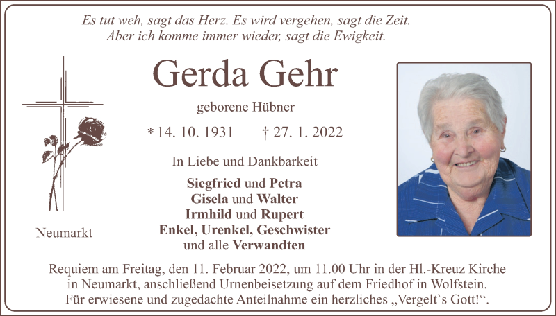 Traueranzeigen von Gerda Gehr | Mittelbayerische Trauer