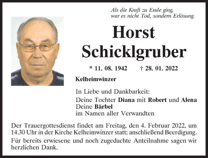  Traueranzeige für Horst Schicklgruber vom 02.02.2022 aus Mittelbayerische Zeitung Kelheim