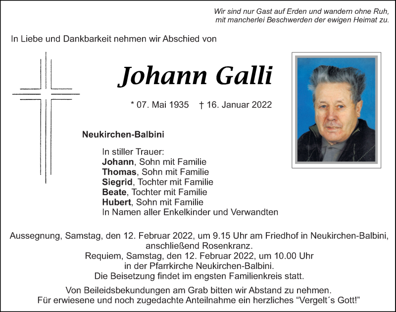  Traueranzeige für Johann Galli vom 09.02.2022 aus Bayerwald Echo