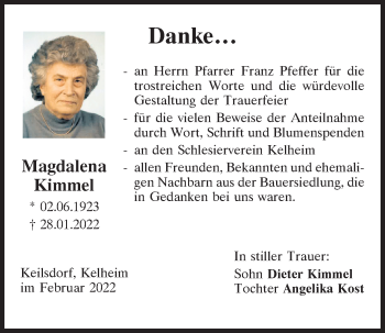 Traueranzeige von Magdalena Kimmel von Mittelbayerische Zeitung Kelheim