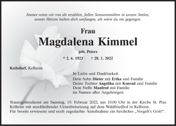 Traueranzeige von Magdalena Kimmel von Mittelbayerische Zeitung Kelheim