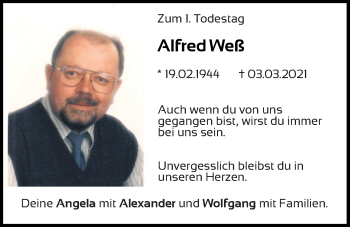 Traueranzeige von Alfred Weß von Bayerwald Echo