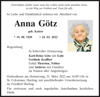 Traueranzeigen von Anna Götz | Mittelbayerische Trauer