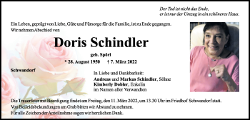 Traueranzeige von Doris Schindler von Mittelbayerische Zeitung Schwandorf