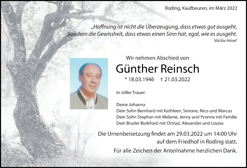  Traueranzeige für Günther Reinsch vom 25.03.2022 aus Bayerwald Echo