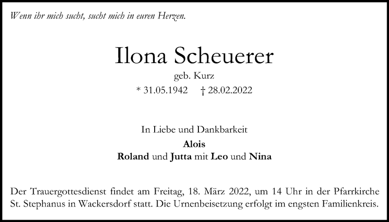  Traueranzeige für Ilona Scheuerer vom 12.03.2022 aus Mittelbayerische Zeitung Schwandorf